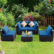 Costway - 5 Pieces Cushioned Patio Rattan Furniture Set with Glass Table-Navy
