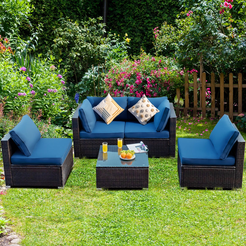 Costway - 5 Pieces Cushioned Patio Rattan Furniture Set with Glass Table-Navy