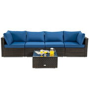 Costway - 5 Pieces Cushioned Patio Rattan Furniture Set with Glass Table-Navy