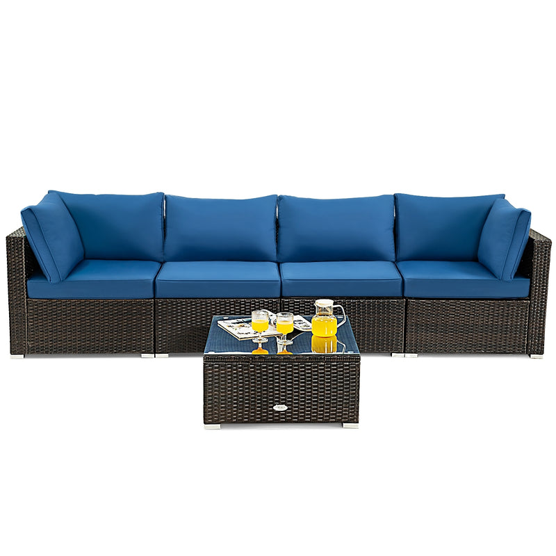 Costway - 5 Pieces Cushioned Patio Rattan Furniture Set with Glass Table-Navy