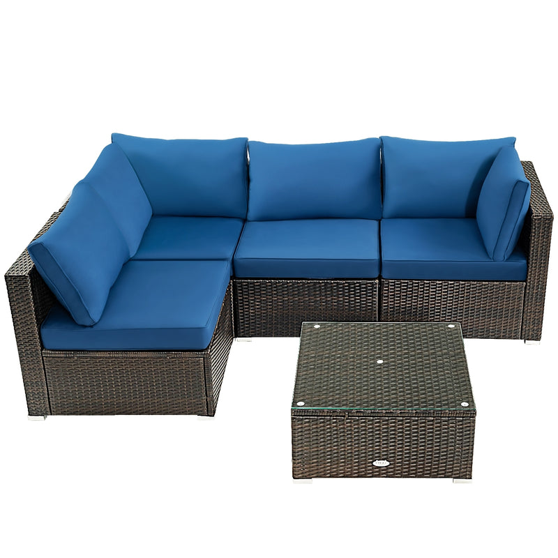 Costway - 5 Pieces Cushioned Patio Rattan Furniture Set with Glass Table-Navy