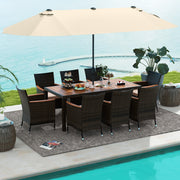 Costway - 10 Piece Outdoor Dining Set with 15 Feet Double-Sided Twin Patio Umbrella-Beige