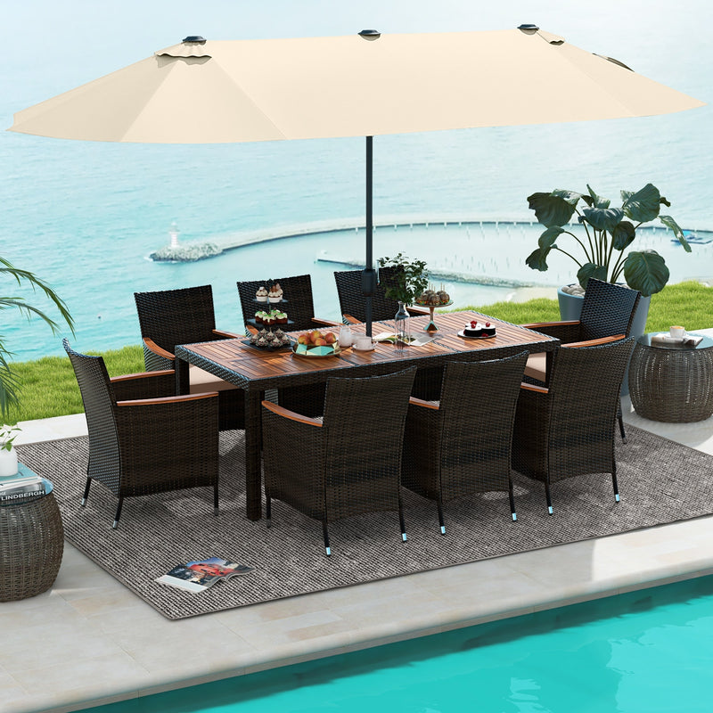 Costway - 10 Piece Outdoor Dining Set with 15 Feet Double-Sided Twin Patio Umbrella-Beige