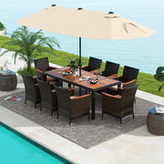 Costway - 10 Piece Outdoor Dining Set with 15 Feet Double-Sided Twin Patio Umbrella-Beige