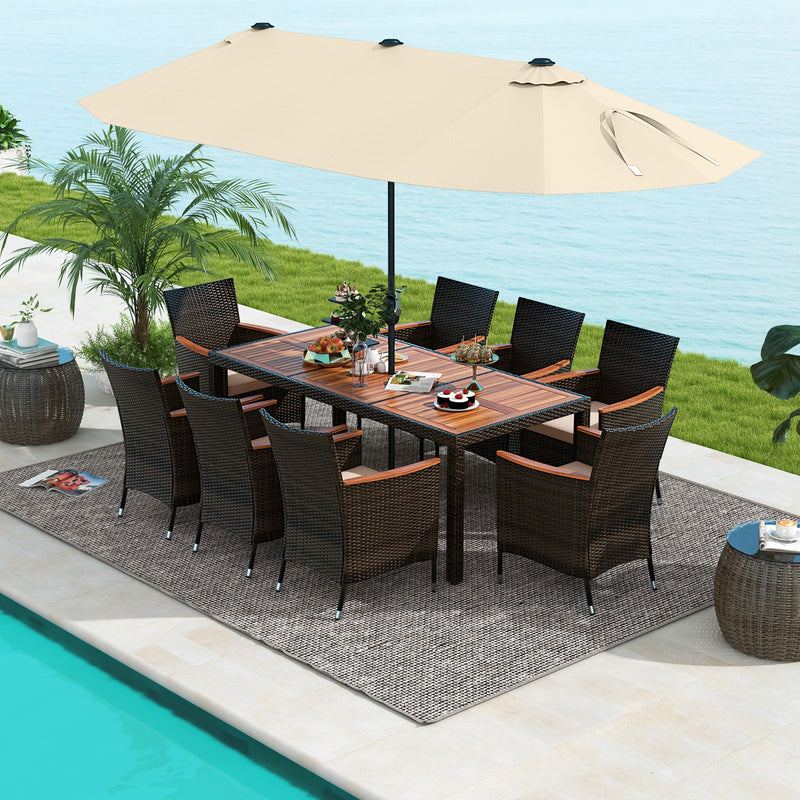 Costway - 10 Piece Outdoor Dining Set with 15 Feet Double-Sided Twin Patio Umbrella-Beige