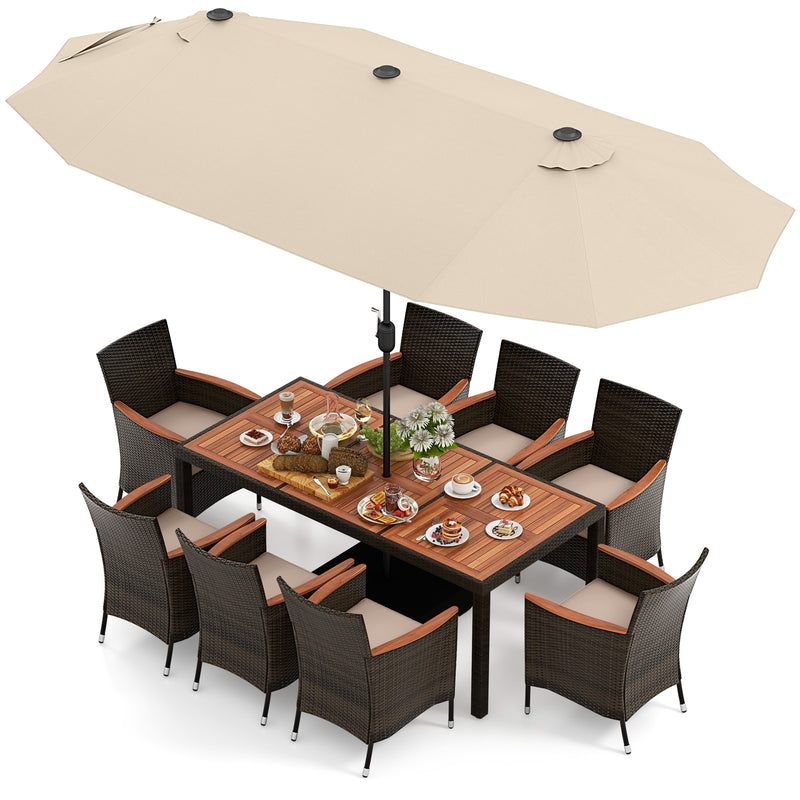 Costway - 10 Piece Outdoor Dining Set with 15 Feet Double-Sided Twin Patio Umbrella-Beige