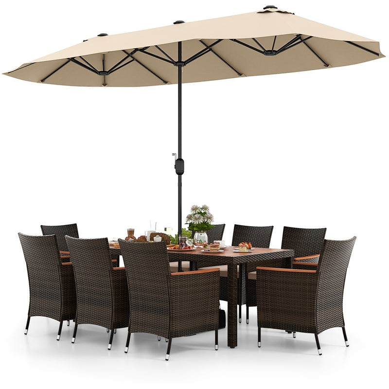 Costway - 10 Piece Outdoor Dining Set with 15 Feet Double-Sided Twin Patio Umbrella-Beige