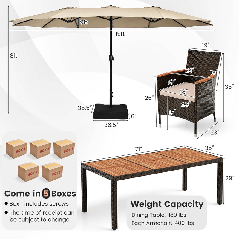 Costway - 10 Piece Outdoor Dining Set with 15 Feet Double-Sided Twin Patio Umbrella-Beige