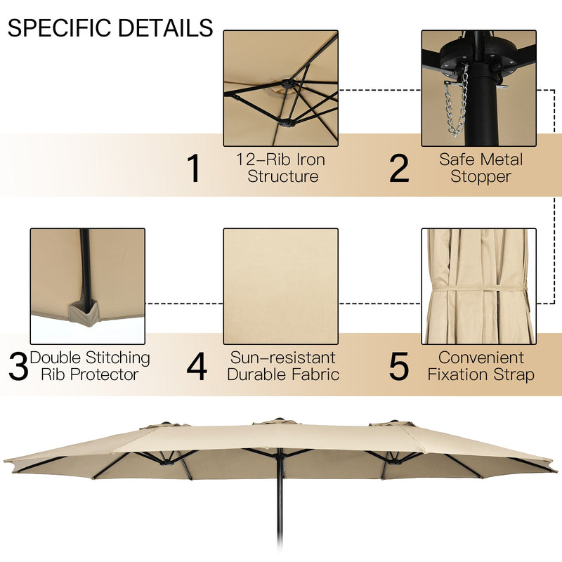 Costway - 10 Piece Outdoor Dining Set with 15 Feet Double-Sided Twin Patio Umbrella-Beige