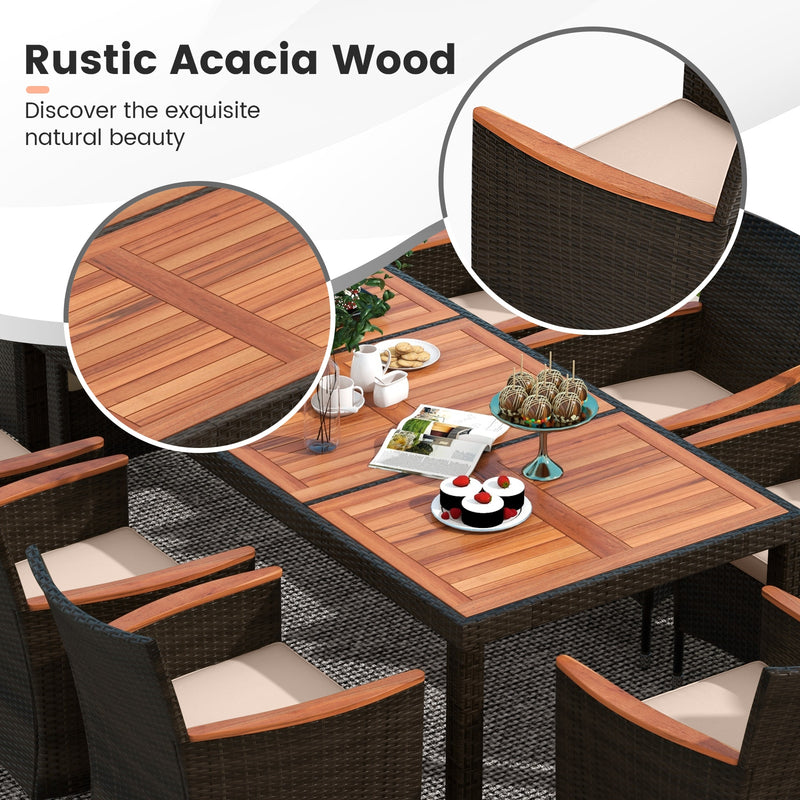Costway - 10 Piece Outdoor Dining Set with 15 Feet Double-Sided Twin Patio Umbrella-Beige