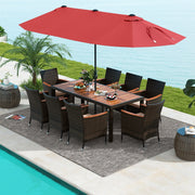 Costway - 10 Piece Outdoor Dining Set with 15 Feet Double-Sided Twin Patio Umbrella-Red
