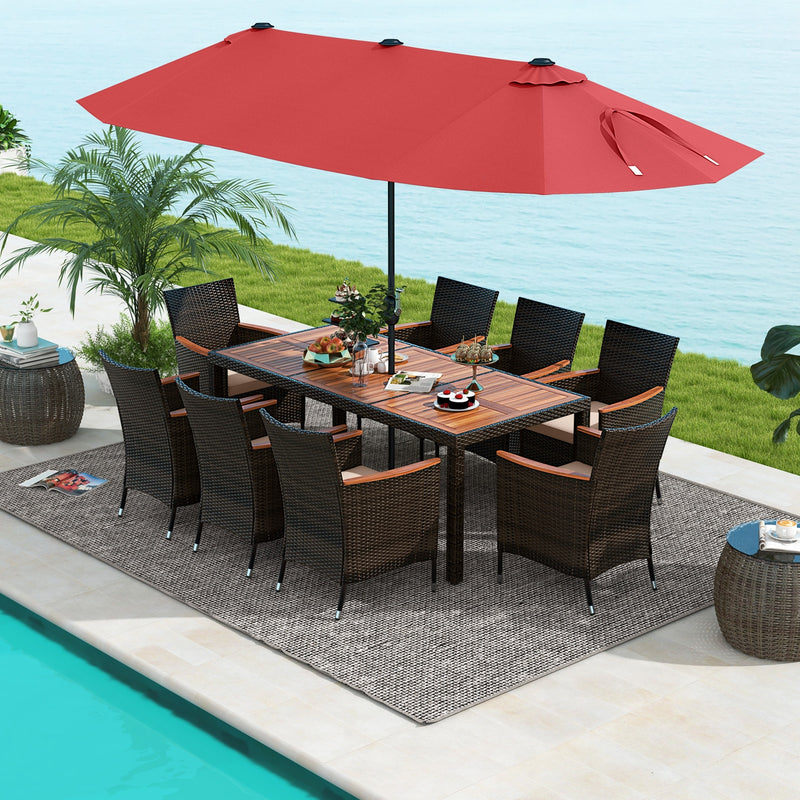 Costway - 10 Piece Outdoor Dining Set with 15 Feet Double-Sided Twin Patio Umbrella-Red