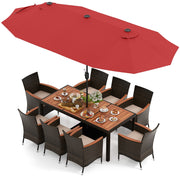 Costway - 10 Piece Outdoor Dining Set with 15 Feet Double-Sided Twin Patio Umbrella-Red