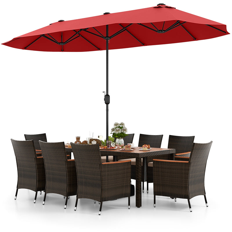 Costway - 10 Piece Outdoor Dining Set with 15 Feet Double-Sided Twin Patio Umbrella-Red