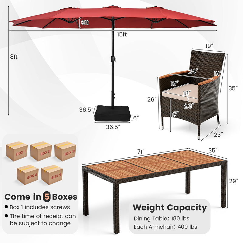 Costway - 10 Piece Outdoor Dining Set with 15 Feet Double-Sided Twin Patio Umbrella-Red