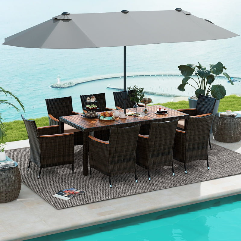 Costway - 10 Piece Outdoor Dining Set with 15 Feet Double-Sided Twin Patio Umbrella-Gray