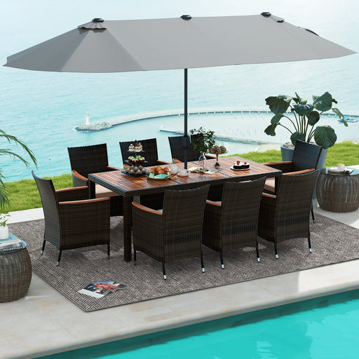 Costway - 10 Piece Outdoor Dining Set with 15 Feet Double-Sided Twin Patio Umbrella-Gray
