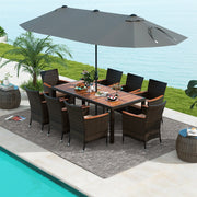 Costway - 10 Piece Outdoor Dining Set with 15 Feet Double-Sided Twin Patio Umbrella-Gray