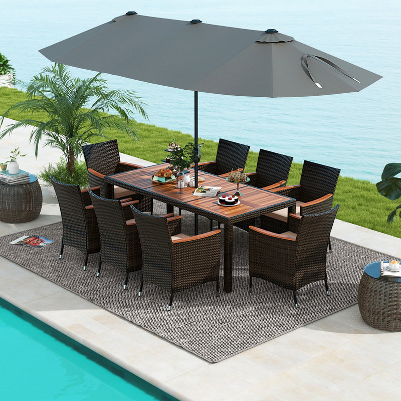 Costway - 10 Piece Outdoor Dining Set with 15 Feet Double-Sided Twin Patio Umbrella-Gray