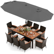 Costway - 10 Piece Outdoor Dining Set with 15 Feet Double-Sided Twin Patio Umbrella-Gray