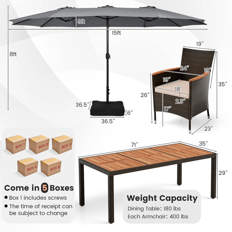 Costway - 10 Piece Outdoor Dining Set with 15 Feet Double-Sided Twin Patio Umbrella-Gray