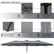 Costway - 10 Piece Outdoor Dining Set with 15 Feet Double-Sided Twin Patio Umbrella-Gray