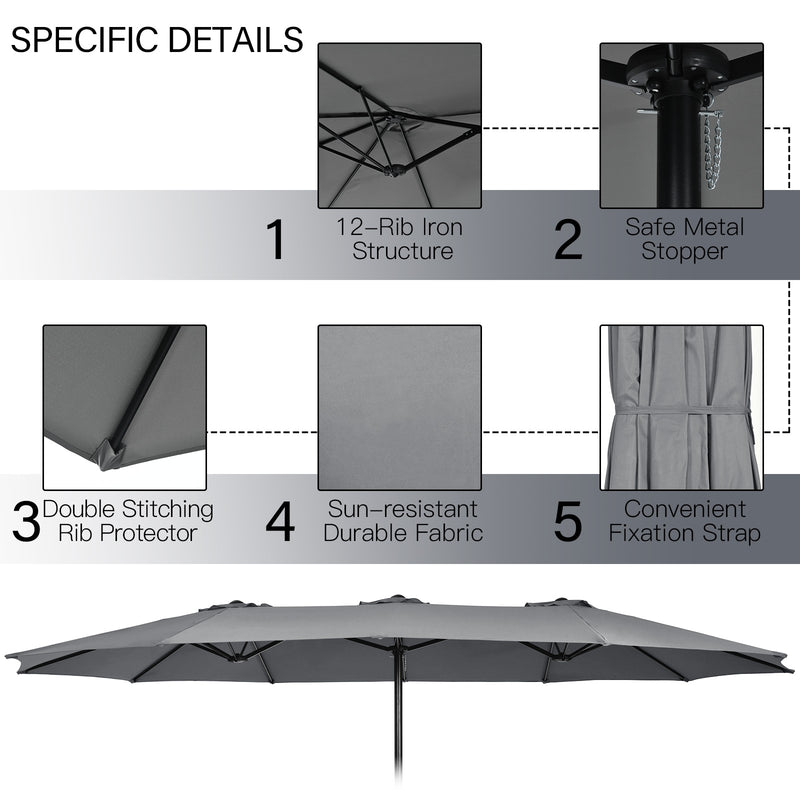 Costway - 10 Piece Outdoor Dining Set with 15 Feet Double-Sided Twin Patio Umbrella-Gray