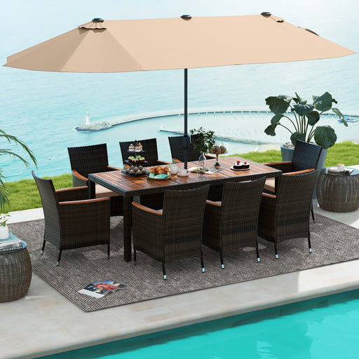 Costway - 10 Piece Outdoor Dining Set with 15 Feet Double-Sided Twin Patio Umbrella-Brown