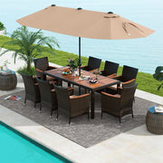 Costway - 10 Piece Outdoor Dining Set with 15 Feet Double-Sided Twin Patio Umbrella-Brown