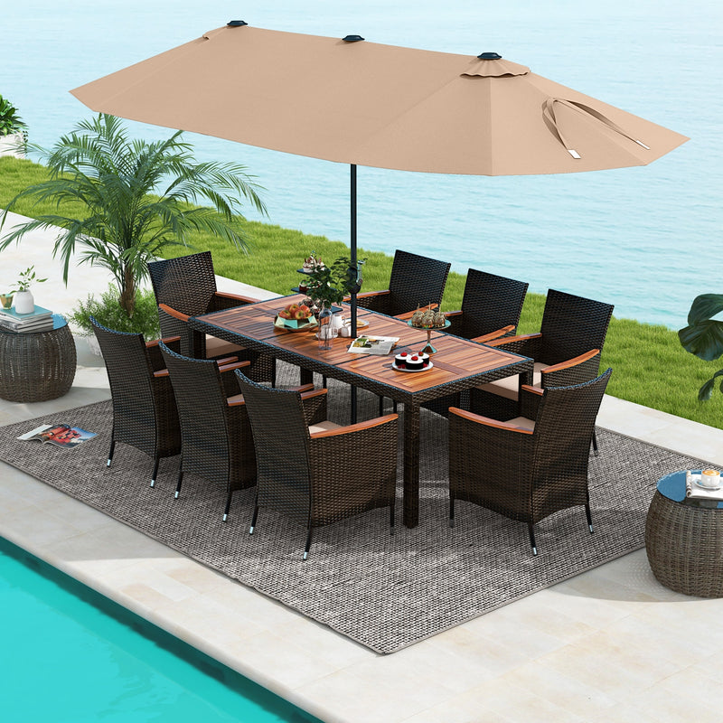 Costway - 10 Piece Outdoor Dining Set with 15 Feet Double-Sided Twin Patio Umbrella-Brown