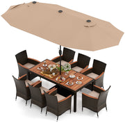 Costway - 10 Piece Outdoor Dining Set with 15 Feet Double-Sided Twin Patio Umbrella-Brown