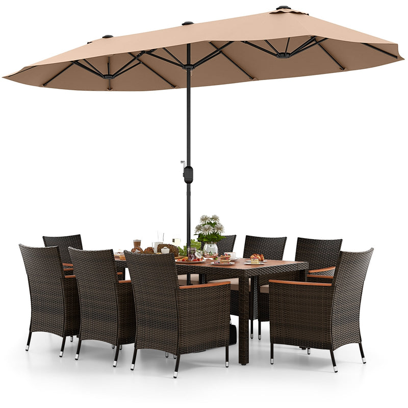 Costway - 10 Piece Outdoor Dining Set with 15 Feet Double-Sided Twin Patio Umbrella-Brown