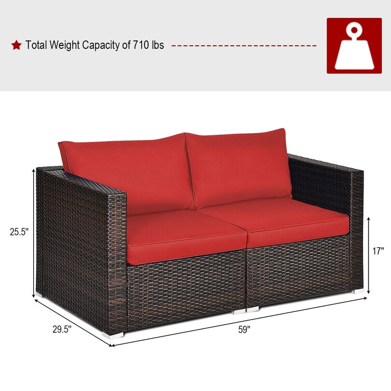 Costway - 2 Pieces Patio Rattan Sectional Conversation Sofa Set-Red