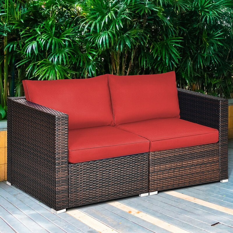 Costway - 2 Pieces Patio Rattan Sectional Conversation Sofa Set-Red