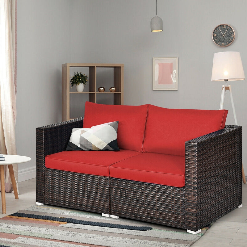 Costway - 2 Pieces Patio Rattan Sectional Conversation Sofa Set-Red