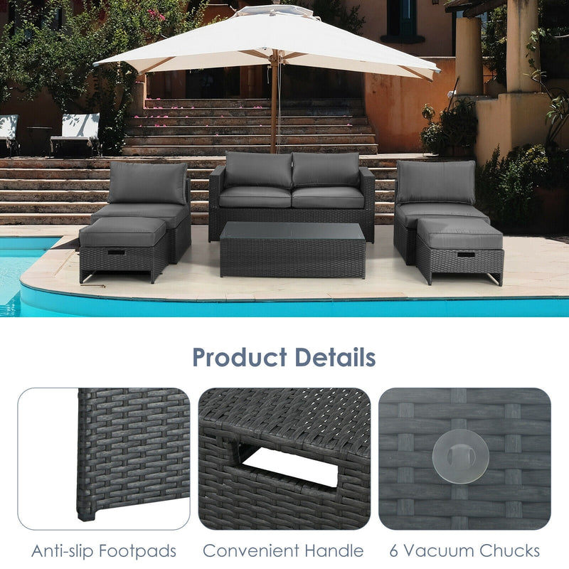 Costway - 6 Pieces Patio Rattan Furniture Set Space Saving Cushioned No Assembly-Gray