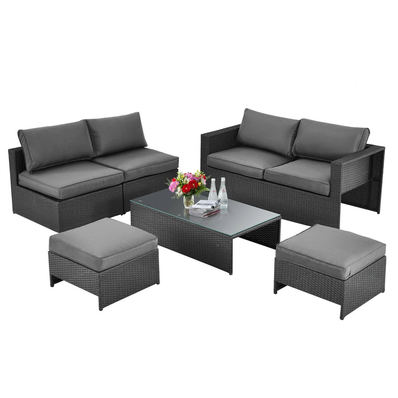 Costway - 6 Pieces Patio Rattan Furniture Set Space Saving Cushioned No Assembly-Gray