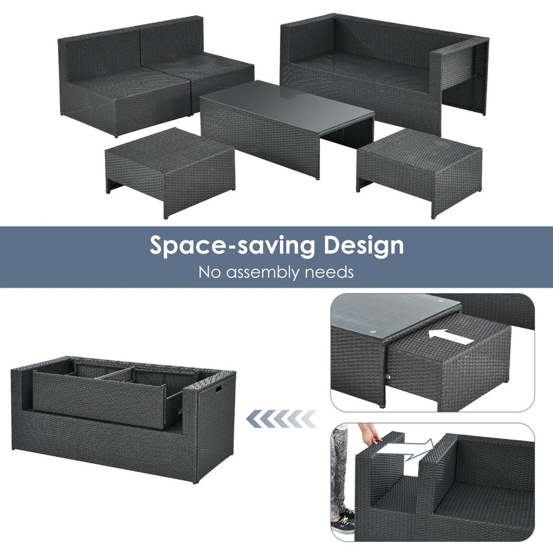 Costway - 6 Pieces Patio Rattan Furniture Set Space Saving Cushioned No Assembly-Gray