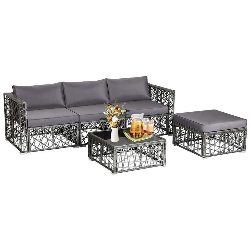 Costway - 5 Pieces Patio PE Rattan Wicker Sofa Furniture Set-Gray