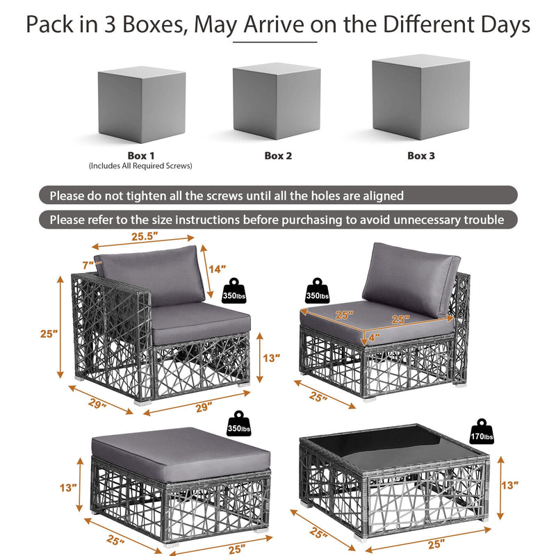 Costway - 5 Pieces Patio PE Rattan Wicker Sofa Furniture Set-Gray