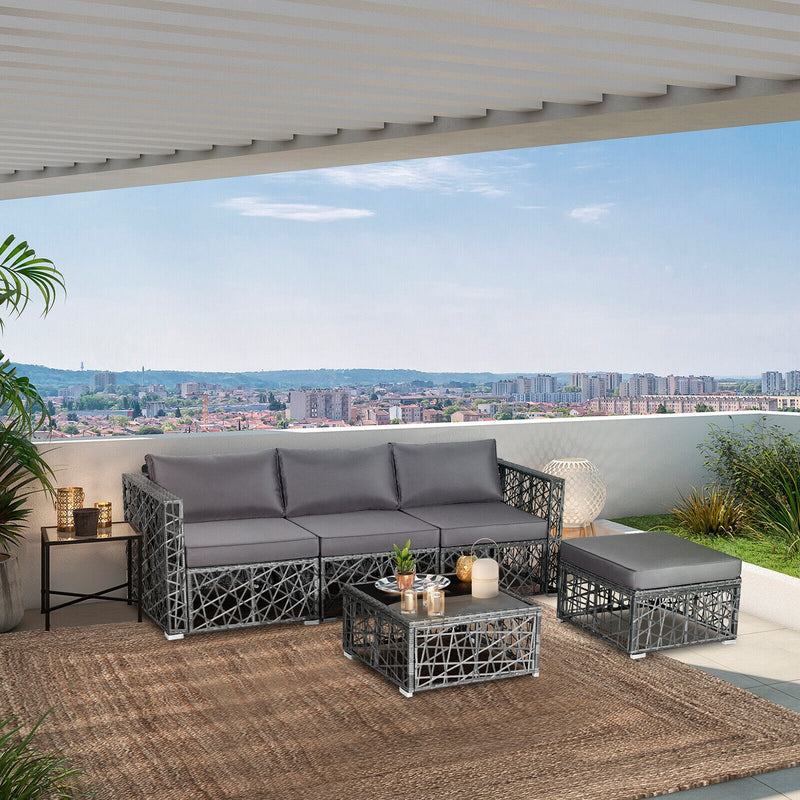 Costway - 5 Pieces Patio PE Rattan Wicker Sofa Furniture Set-Gray