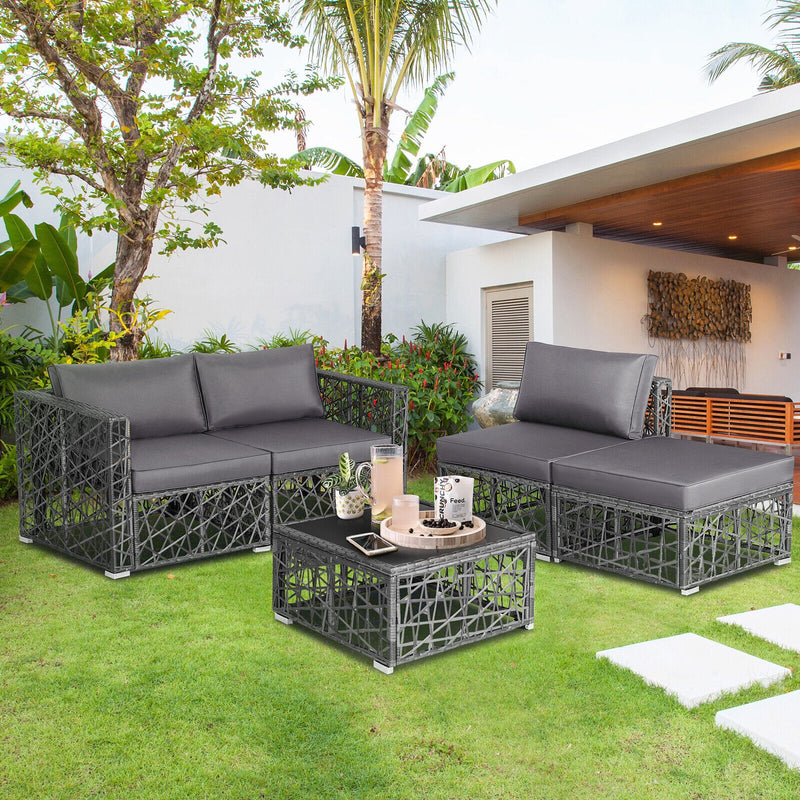 Costway - 5 Pieces Patio PE Rattan Wicker Sofa Furniture Set-Gray