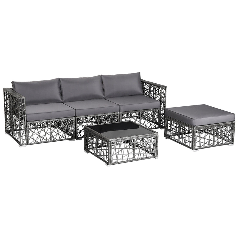 Costway - 5 Pieces Patio PE Rattan Wicker Sofa Furniture Set-Gray