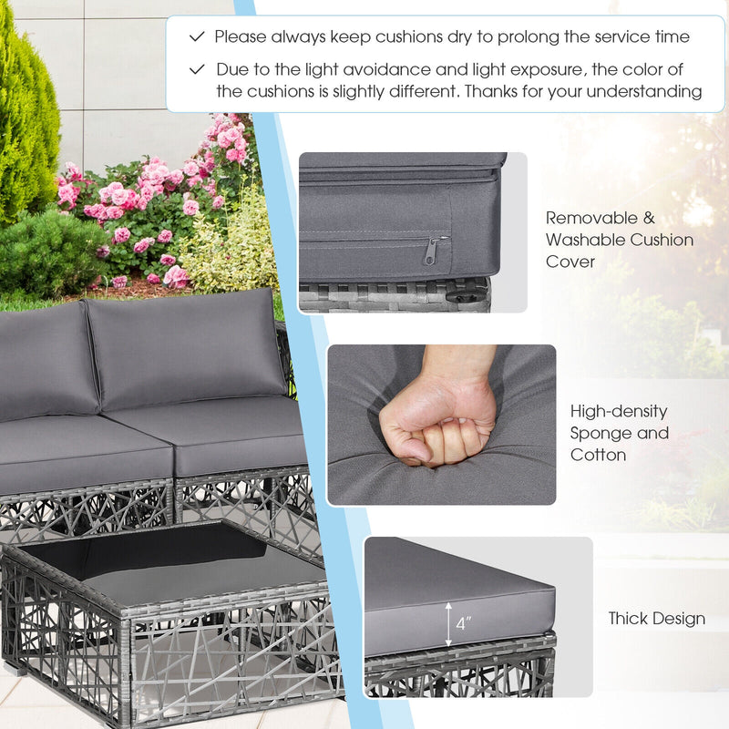 Costway - 5 Pieces Patio PE Rattan Wicker Sofa Furniture Set-Gray