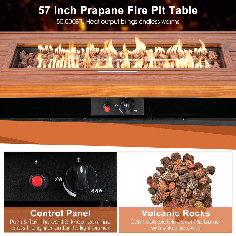 Costway - 57 Inch 50 000 BTU Rectangular Propane Outdoor Fire Pit Table-Brown