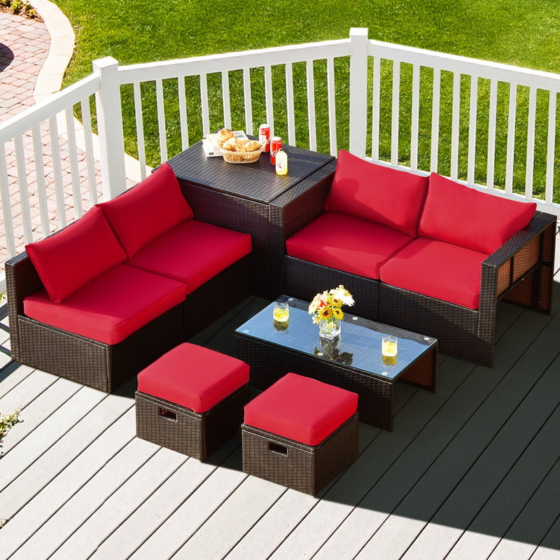 Costway - 8 Pieces Patio Space-Saving Rattan Furniture Set with Storage Box and Waterproof Cover-Red
