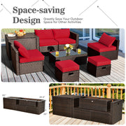 Costway - 8 Pieces Patio Space-Saving Rattan Furniture Set with Storage Box and Waterproof Cover-Red