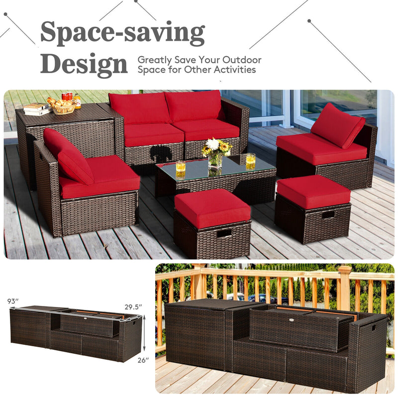 Costway - 8 Pieces Patio Space-Saving Rattan Furniture Set with Storage Box and Waterproof Cover-Red