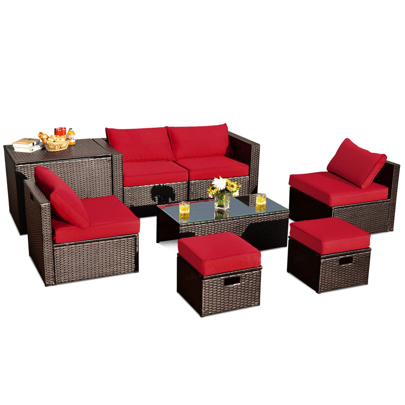 Costway - 8 Pieces Patio Space-Saving Rattan Furniture Set with Storage Box and Waterproof Cover-Red