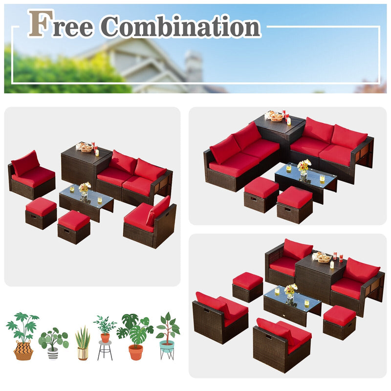 Costway - 8 Pieces Patio Space-Saving Rattan Furniture Set with Storage Box and Waterproof Cover-Red